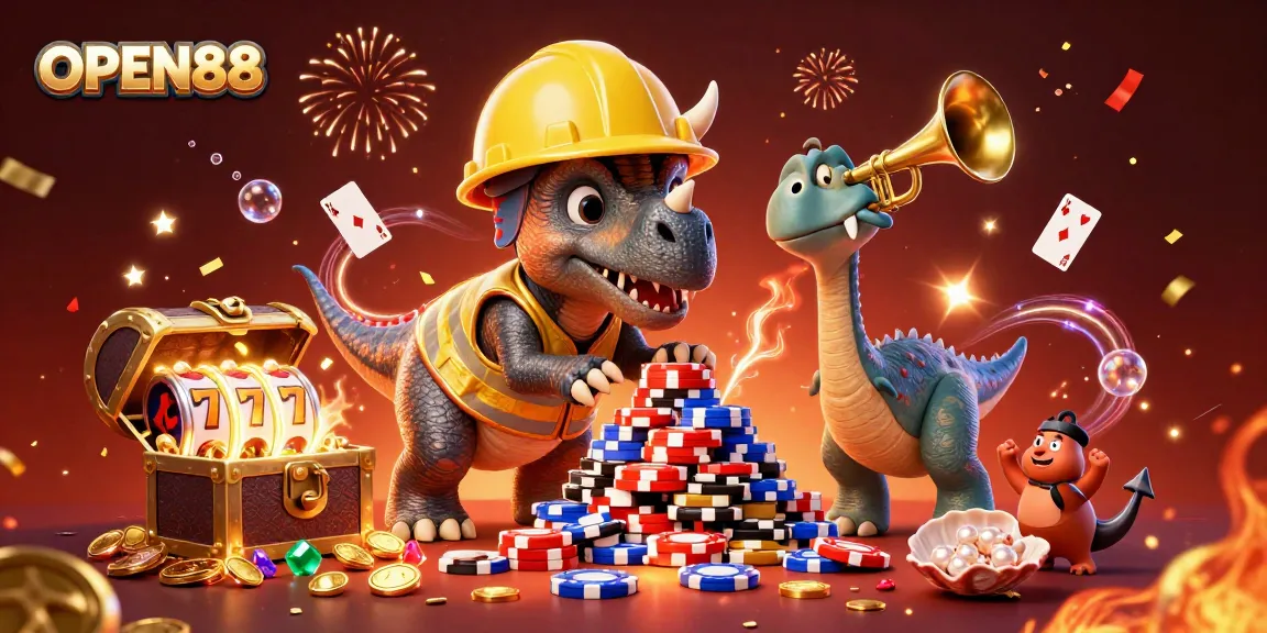 Experience the excitement of OPEN88 gaming as a triceratops builds poker chips while a parasaurolophus celebrates with confetti.