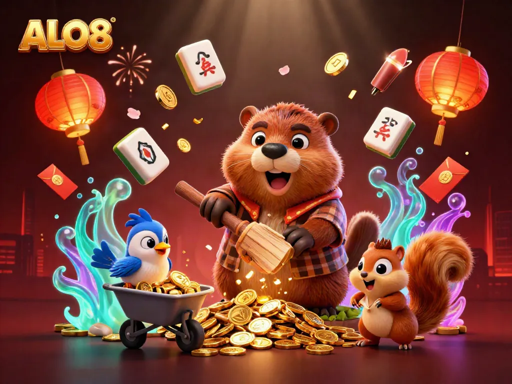 ALO8 highlights dynamic gaming action with a beaver, bird, and squirrel amid gold coins and joyous elements.