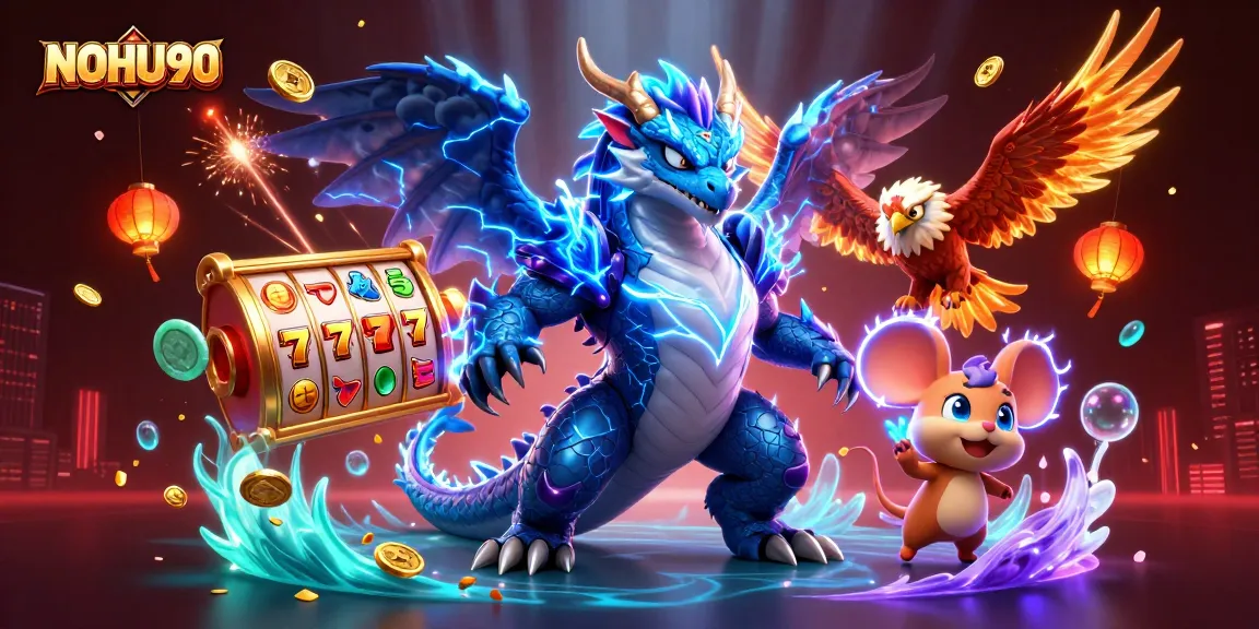 NOHU90 showcases thrilling slot action with a lightning dragon and dynamic casino elements.