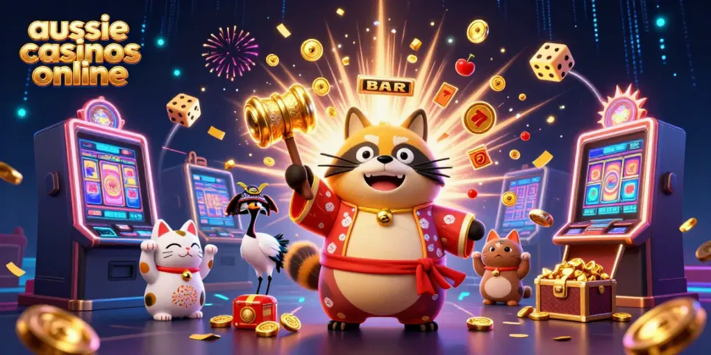 Experience the excitement of aussie casinos online with a vibrant 3D illustration showcasing a cheerful tanuki and casino elements.