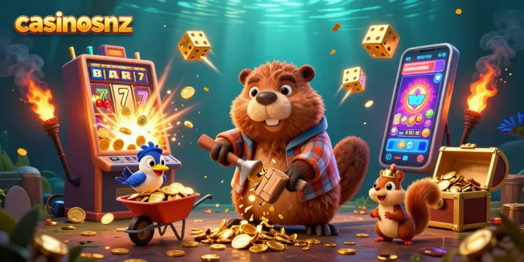 Engage with casinosnz thrilling 3D illustration showcasing a playful lumberjack beaver, casino elements, and golden treasures.