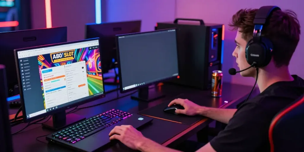 A80 slot information platform user engaging with vibrant online slot game on laptop.
