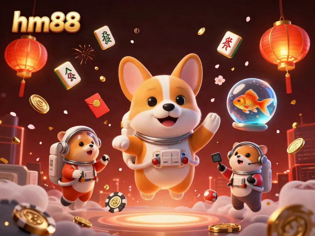 Engaging scene of hm88 in a space casino, featuring an astronaut corgi, mission-control hamster, and goldfish, with floating gaming elements.