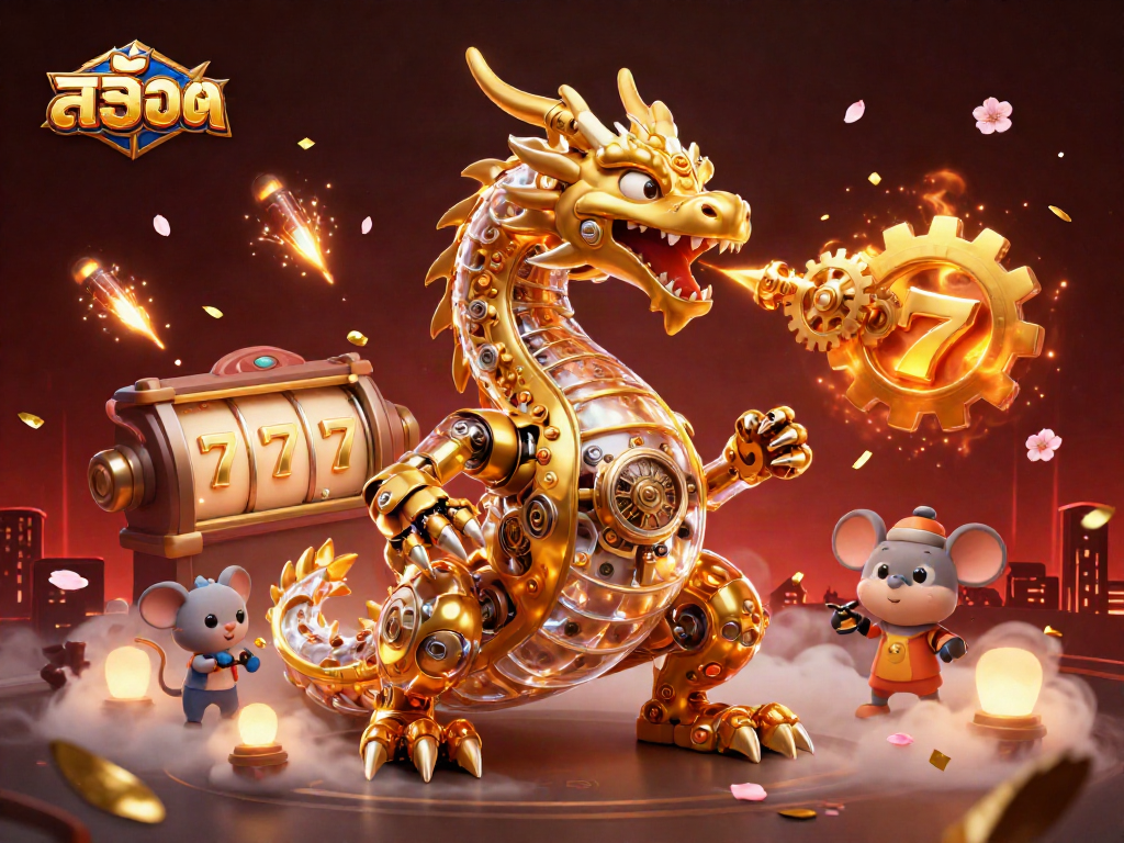 Engage with สล็อต-themed casino excitement featuring a dynamic dragon and vibrant slot game elements.