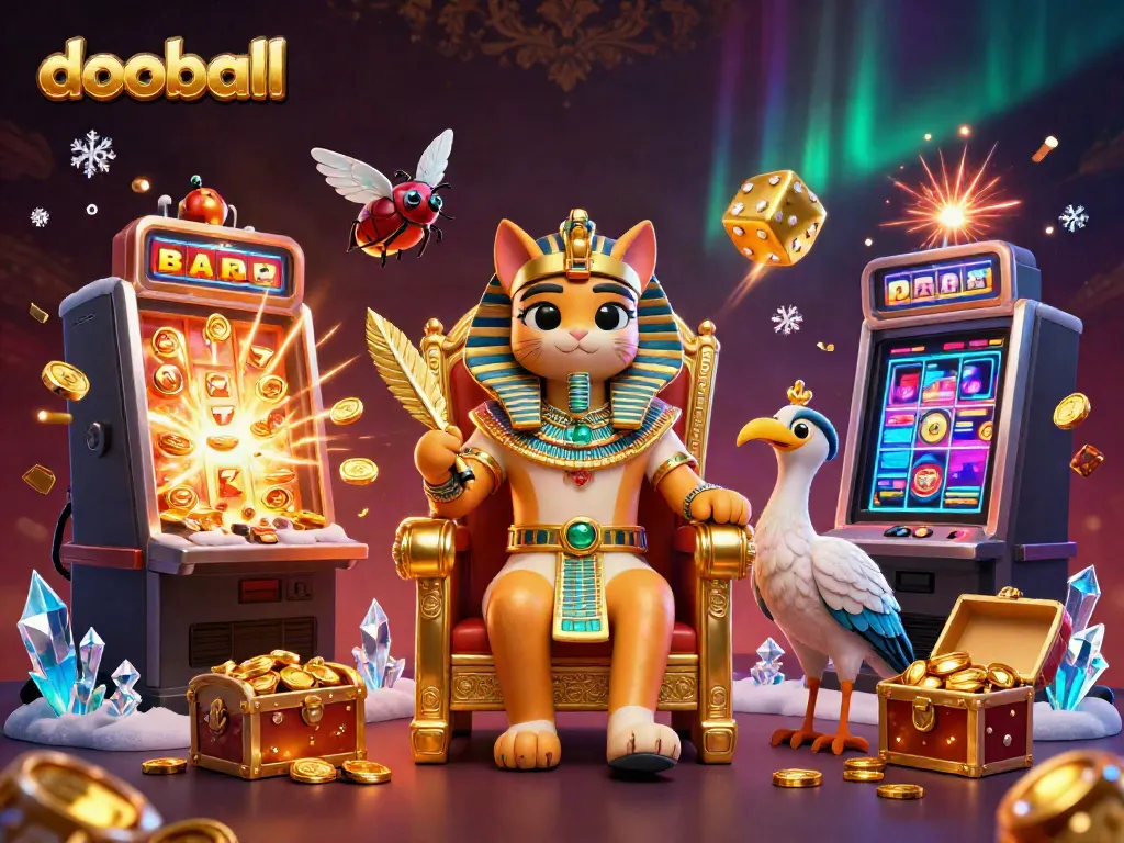 Experience dooball thrills with a pharaoh cat surrounded by slot machine jackpots and colorful casino elements.