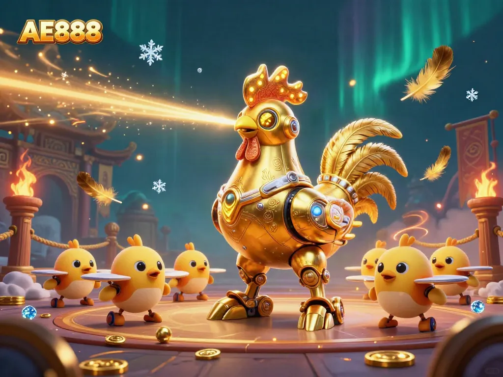 Experience AE888's thrilling gamified adventure featuring a golden rooster robot surrounded by vibrant casino elements.