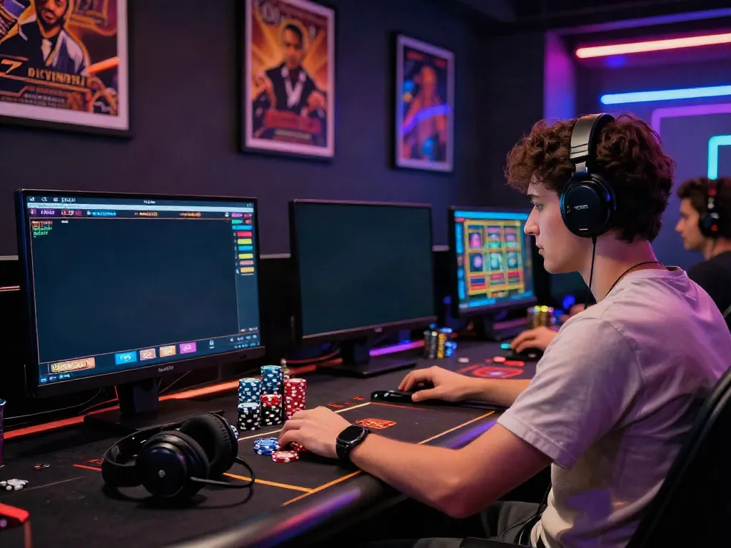 Person engaged in online gaming on multiple screens, featuring akunjp gaming excitement.