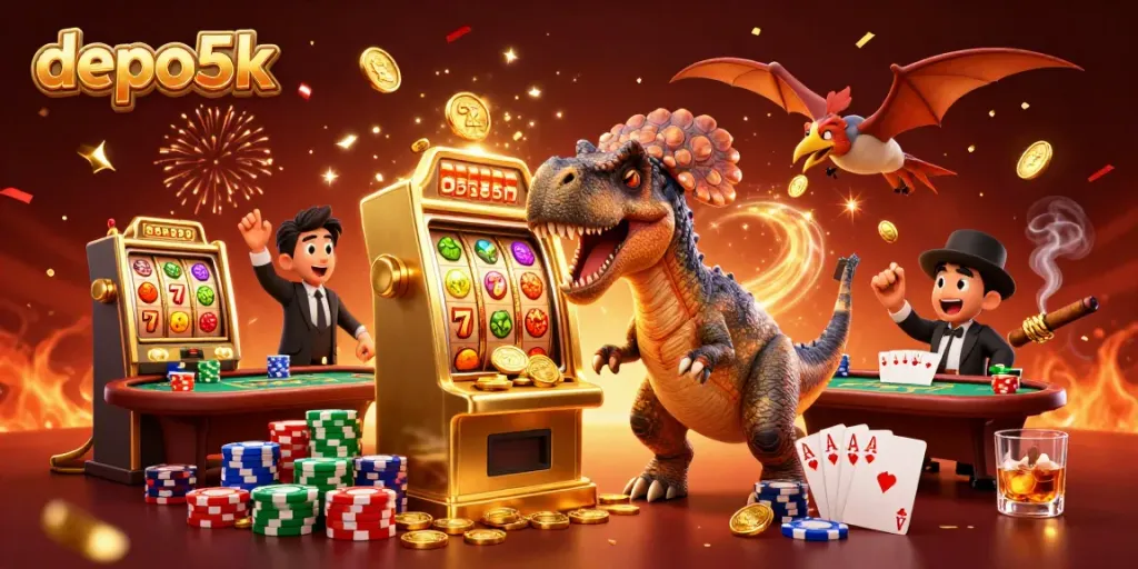 Spin the golden slot machine with depo5k as a cartoon pachycephalosaurus headbutts it, coins flying everywhere.