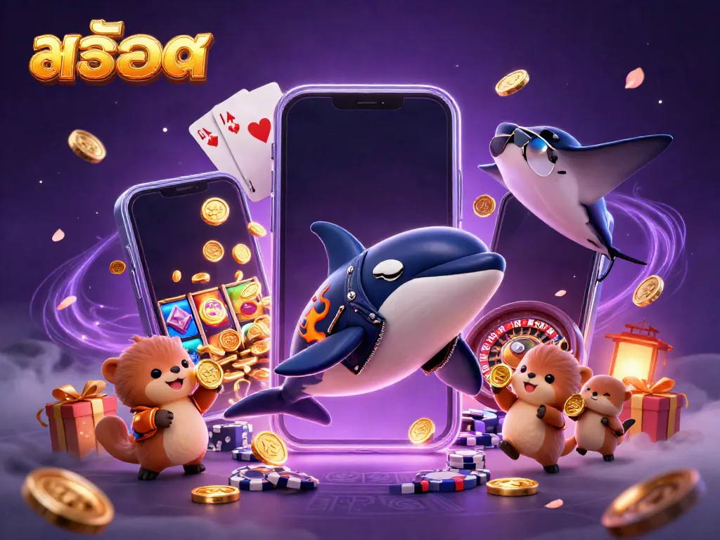 Engage in thrilling สล็อต action with a cartoon orca, stingray, and otters amidst vibrant slot game elements.