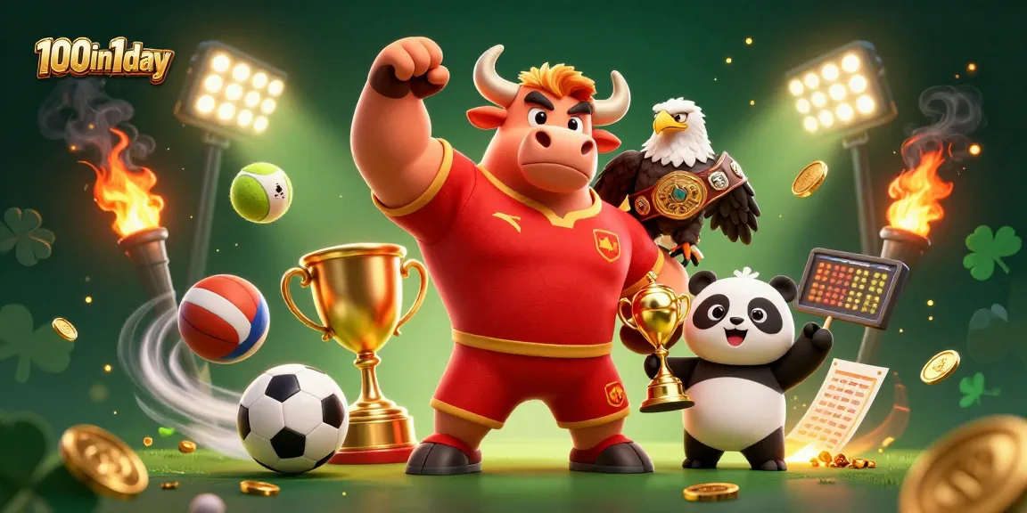Win big with 100in1day community events, featuring sports elements and a dynamic 3D illustration.