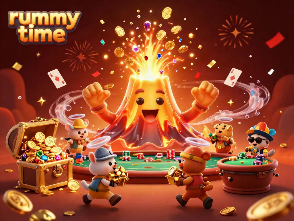Engaging rummy time promotional illustration featuring a treasure-filled volcano and dynamic gambling elements.