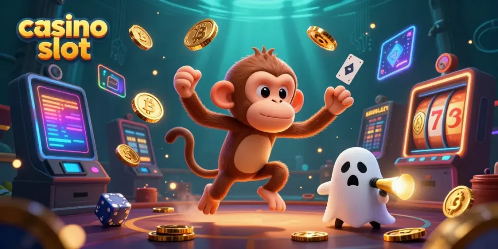 Engage in thrilling casino slot action with golden coins as a poltergeist monkey and curious puppy light up the haunted scene.