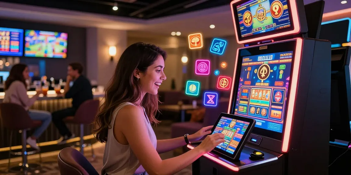 Excited player enjoying new uk slot sites on a tablet in a modern casino lounge.