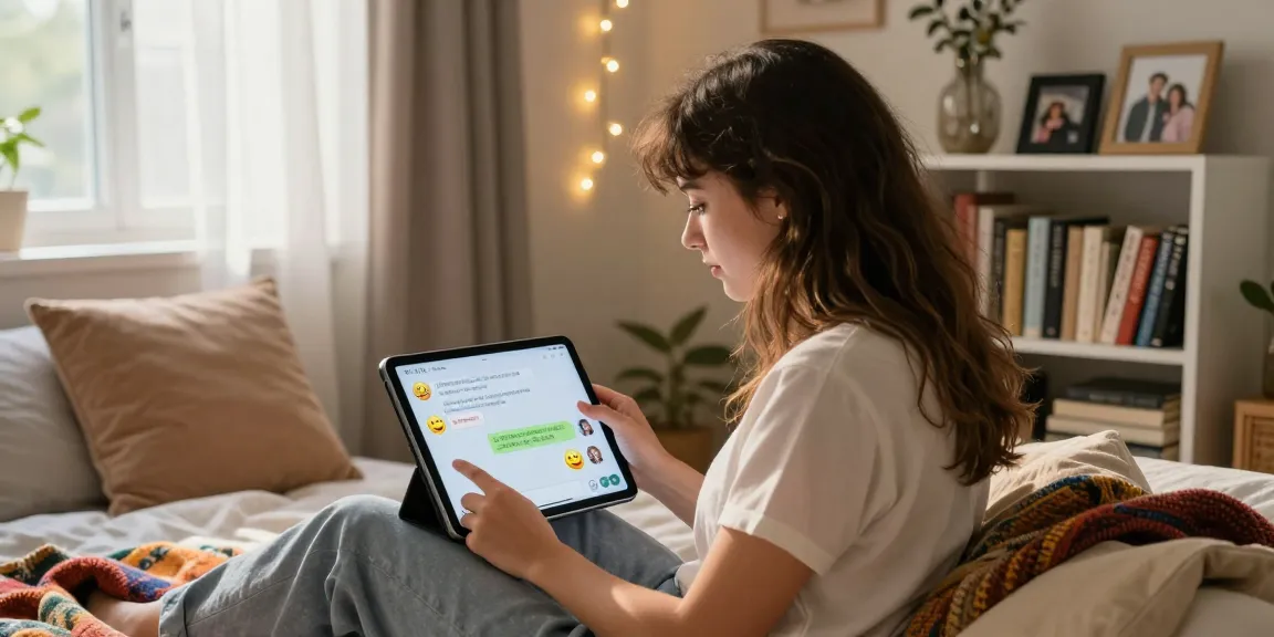 Cozy bedroom scene where a woman interacts with her AI girlfriend on a tablet, creating a warm and inviting atmosphere.