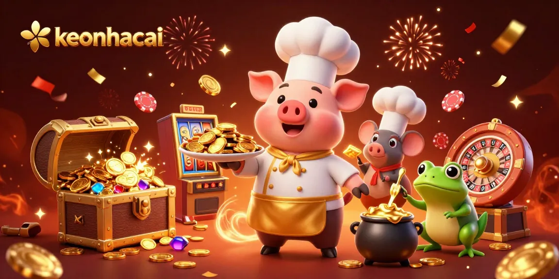Engage with keonhacai in this vibrant casino scene featuring gold coins, slots, and energetic characters.