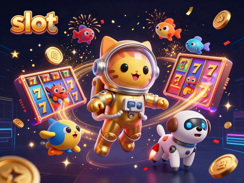 Spin thrilling slot reels with a playful astronaut cat and robot dog in a vivid space scene.