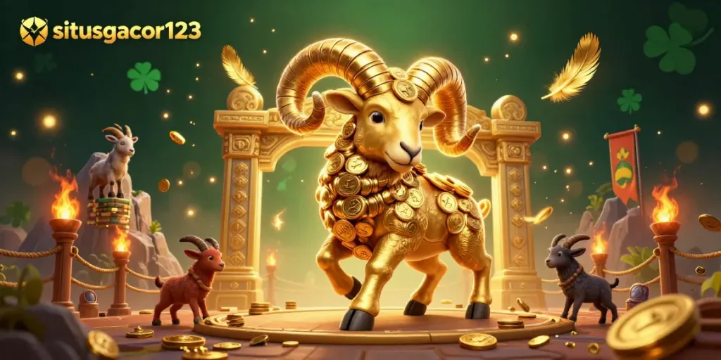 Experience the thrill of situsgacor123 with a dynamic scene of a golden ram charging through a vibrant casino arena.