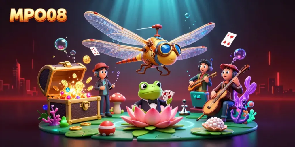 MPO08 presents a vibrant scene of a dragonfly pilot, frog croupier, and musicians in a delightful casino setting.
