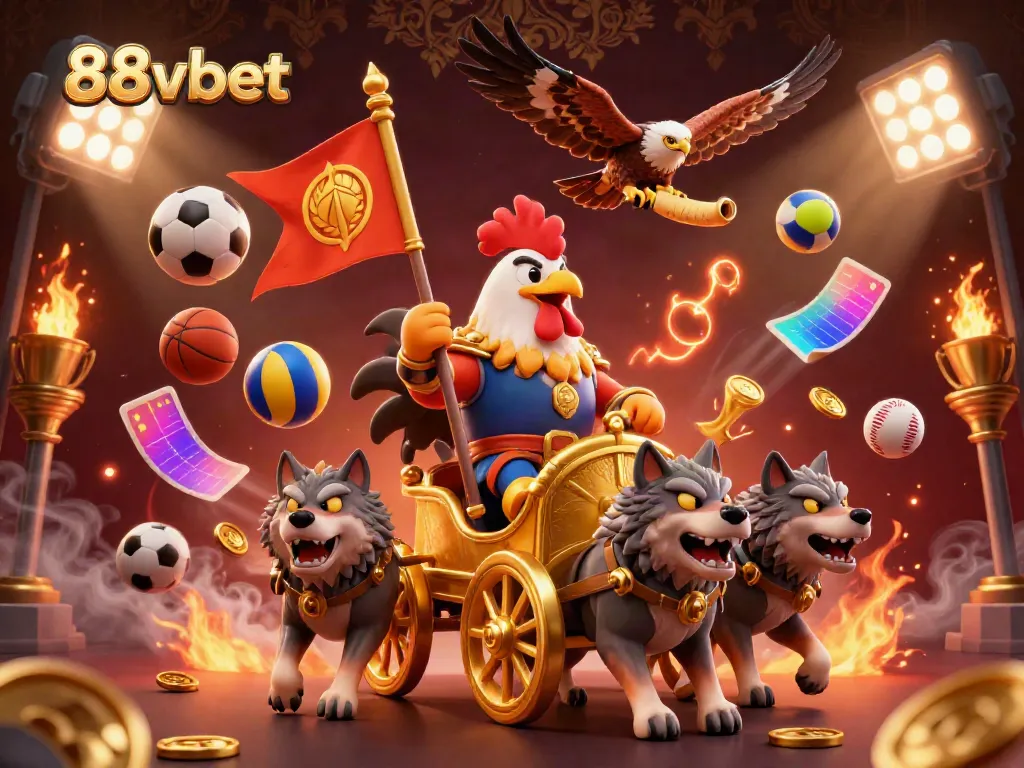 Engage with 88vbet's thrilling betting scene featuring a rooster warlord and dynamic sports elements.