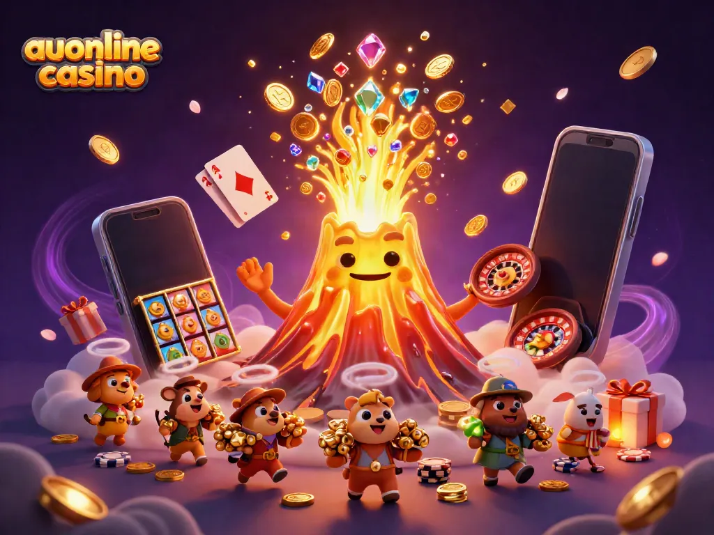 Engaging 3D scene of au online casino elements featuring a triumphant golden volcano and explorer animals amidst cascading coins and vibrant gaming elements.