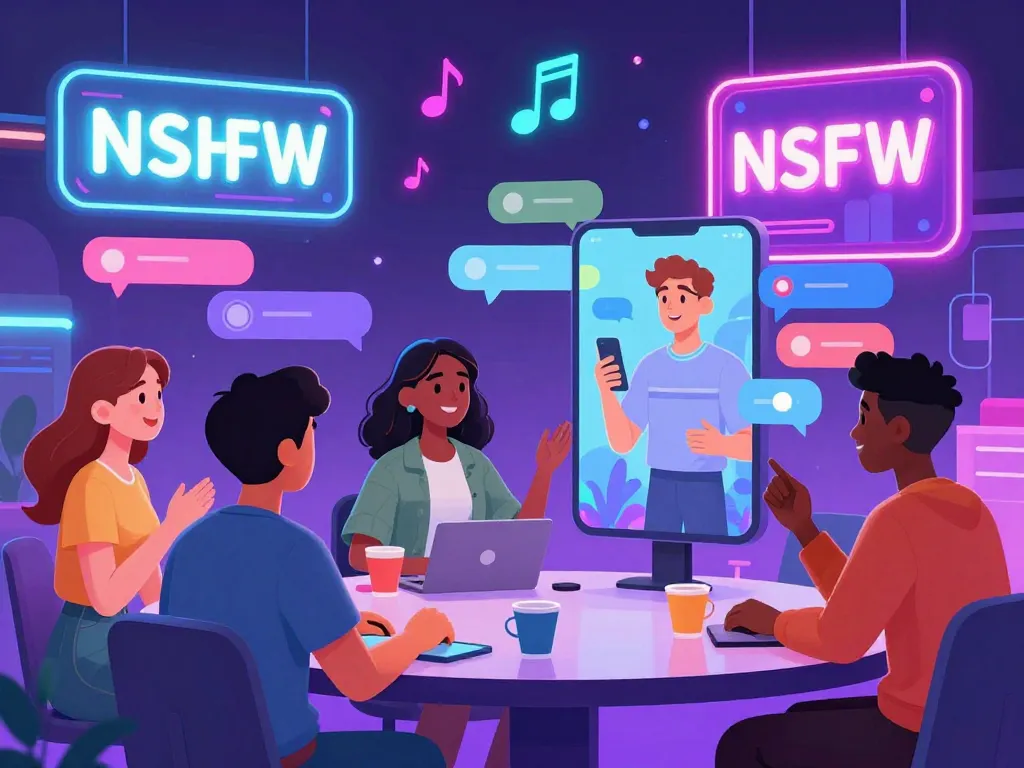 Engaging digital chatroom with NSFW AI characters interacting, showcasing vibrant avatars and neon aesthetics.
