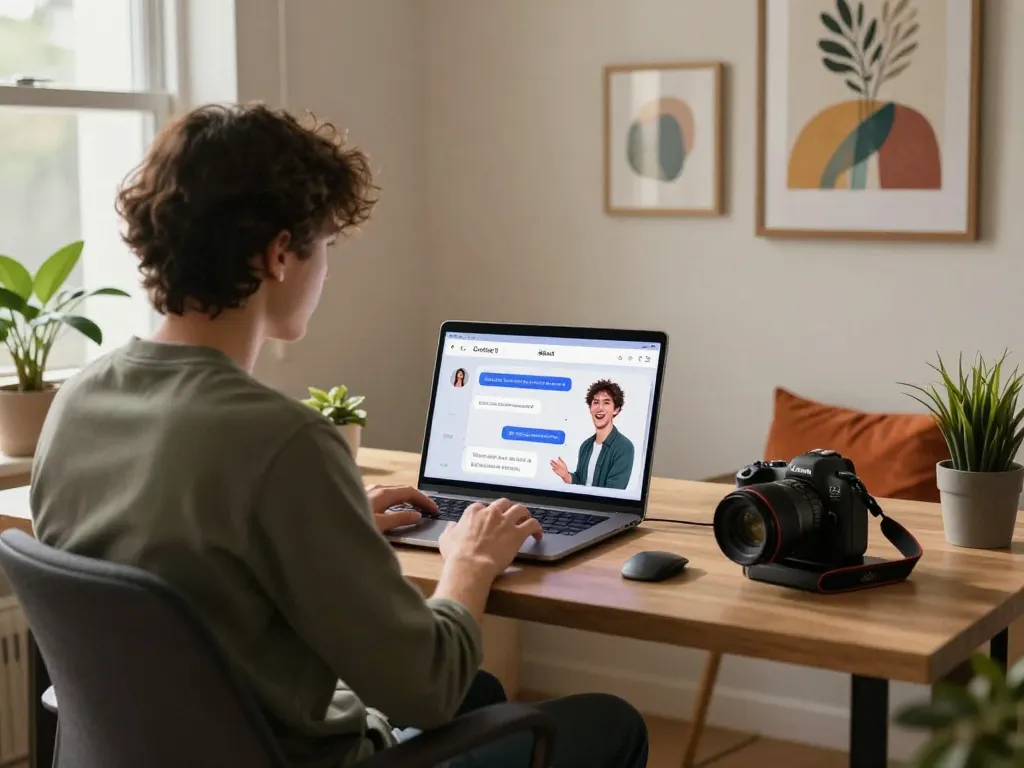 Engaging AI sex chat interaction in a cozy home office with user and AI chatbot on laptop.