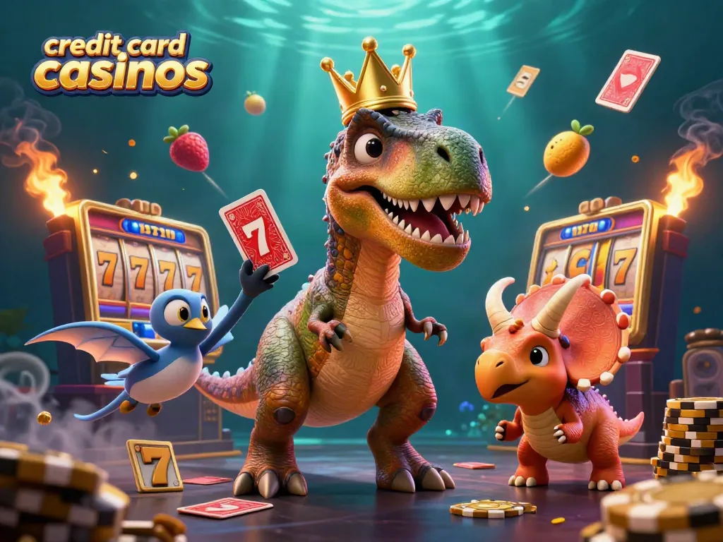 Engage with credit card casinos through fun characters in a vibrant casino scene.