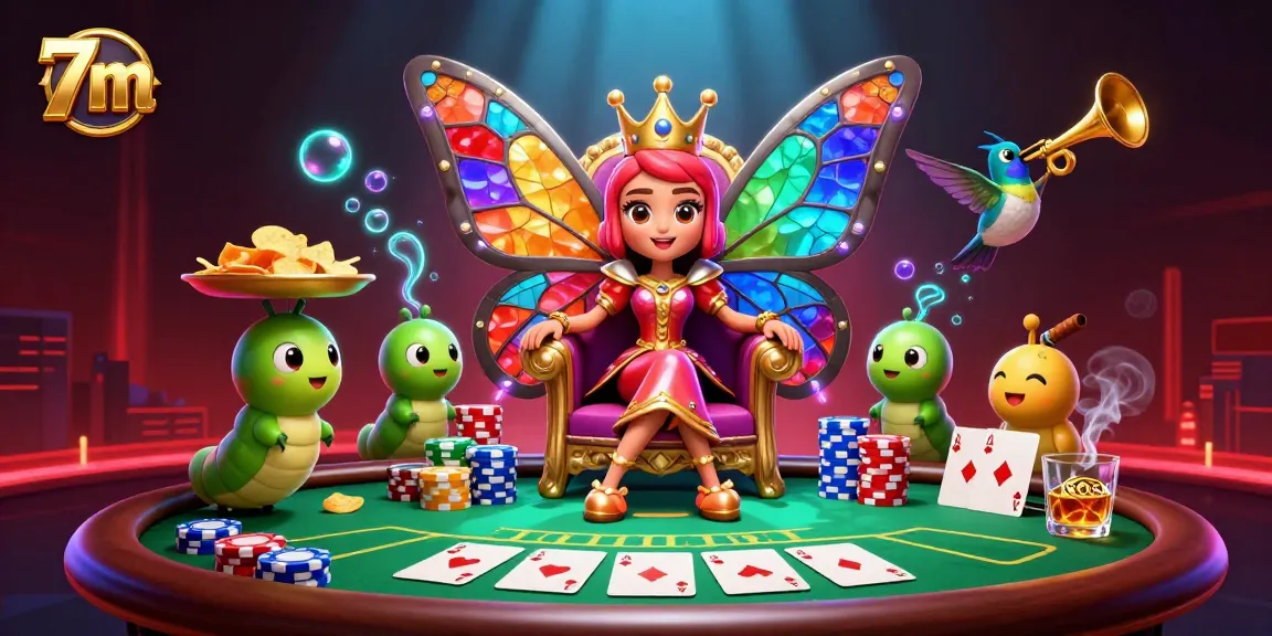 Experience thrilling poker action with 7m as the cartoon butterfly queen oversees the colorful gaming scene.