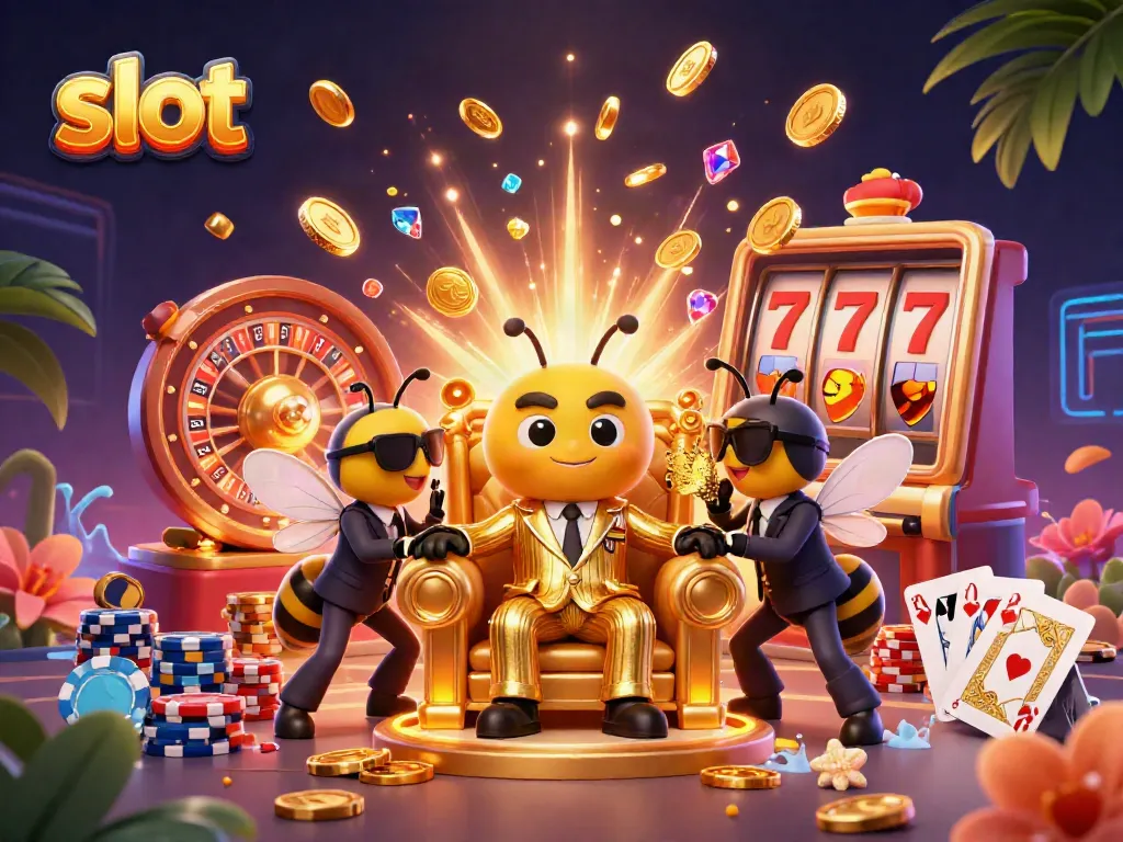 Slot yang menggoda dengan bos lebah kartun dan jilid mesin slot, dikelilingi koin emas dan permata berkilauan.