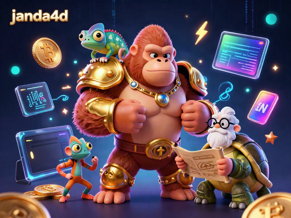 janda4d menghadirkan ilustrasi 3D menarik dengan gorila raja dan mitra chameleon dalam suasana kasino.