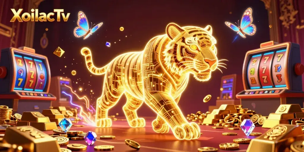 Experience thrilling online gaming at XoilacTv with a vibrant display of a neon tiger and slot elements.