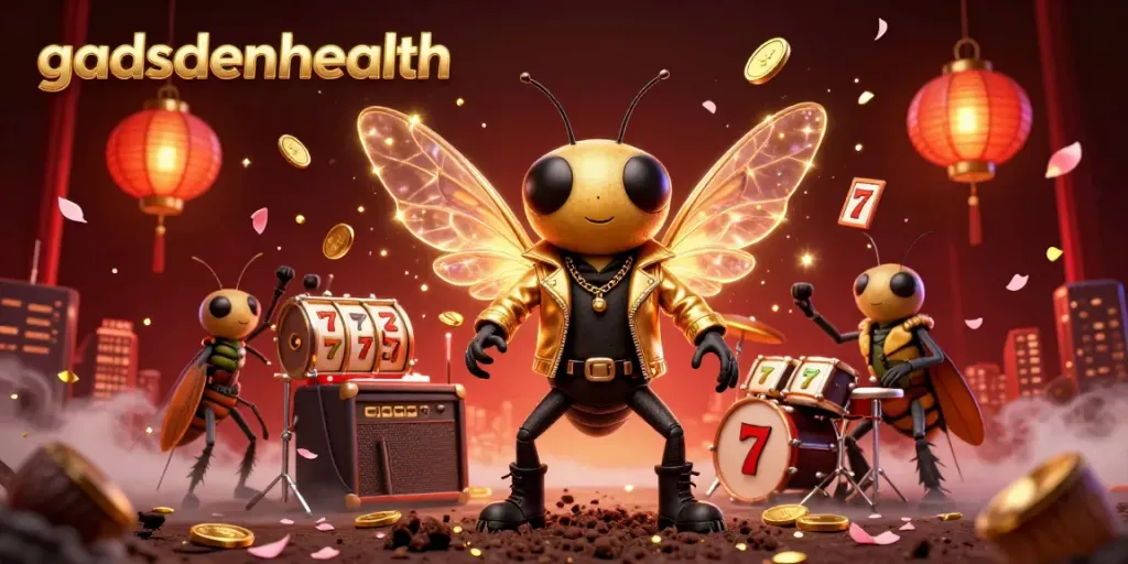 Gadsdenhealth menampilkan cicada rock star dan elemen slot dalam suasana kasino yang meriah.