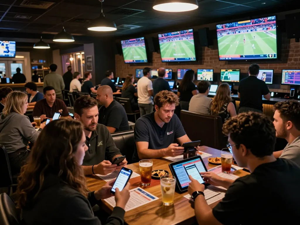Kuwin users intensely tracking live sports bets and game updates in a lively betting environment