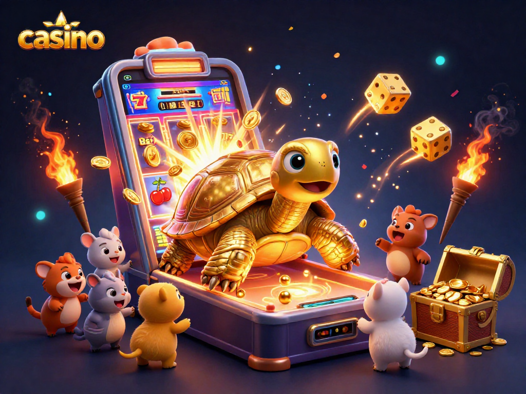 Excited players engage with a colorful casino environment featuring golden tortoise and a jackpot slot machine