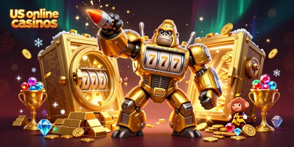 Experience thrilling us online casinos with a mech gorilla and treasure vault bursting with riches.