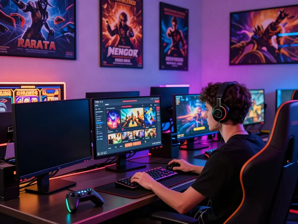 Engaged user playing A80 online gaming platform with vibrant RGB lighting and gaming paraphernalia.