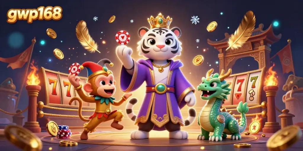 GWP168 menampilkan harimau putih elegan dan monyet emas dalam ilustrasi kasino yang ceria.