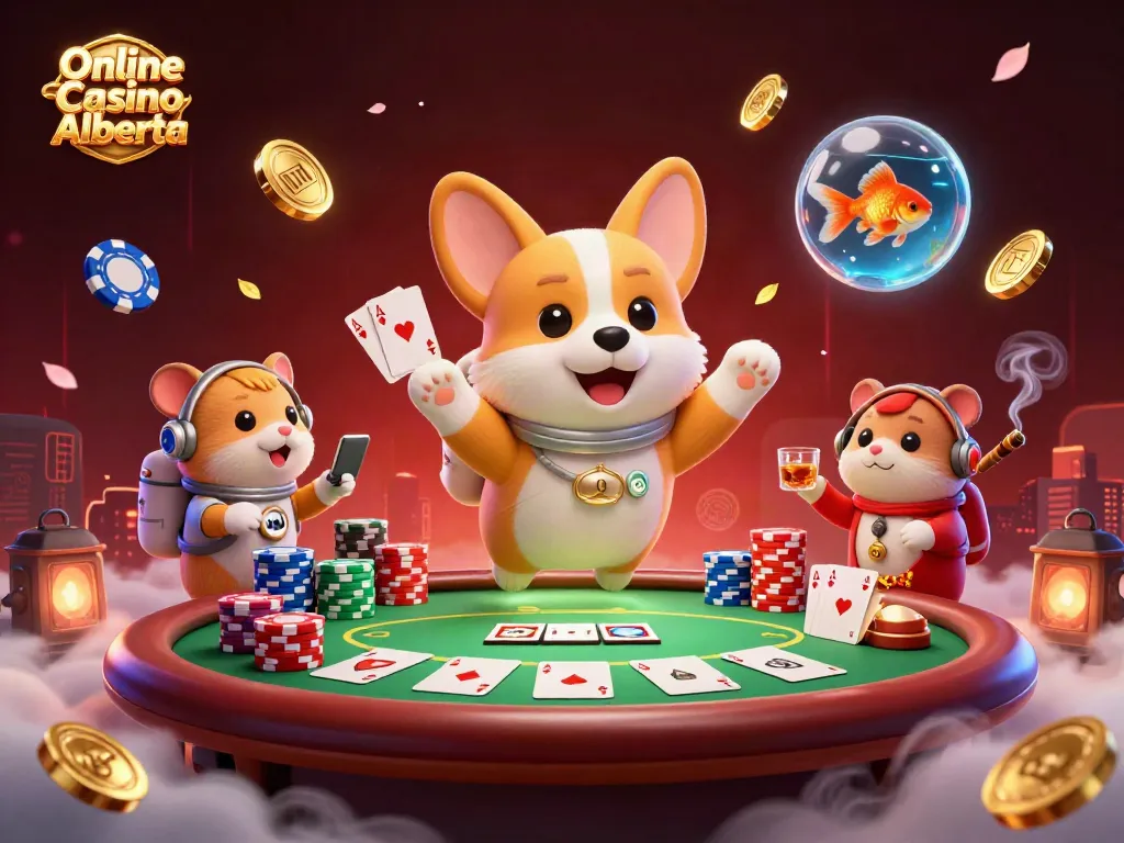 Engage with vibrant online gaming scenes at Online Casino Alberta, featuring a floating corgi, poker chips, and whimsical characters.