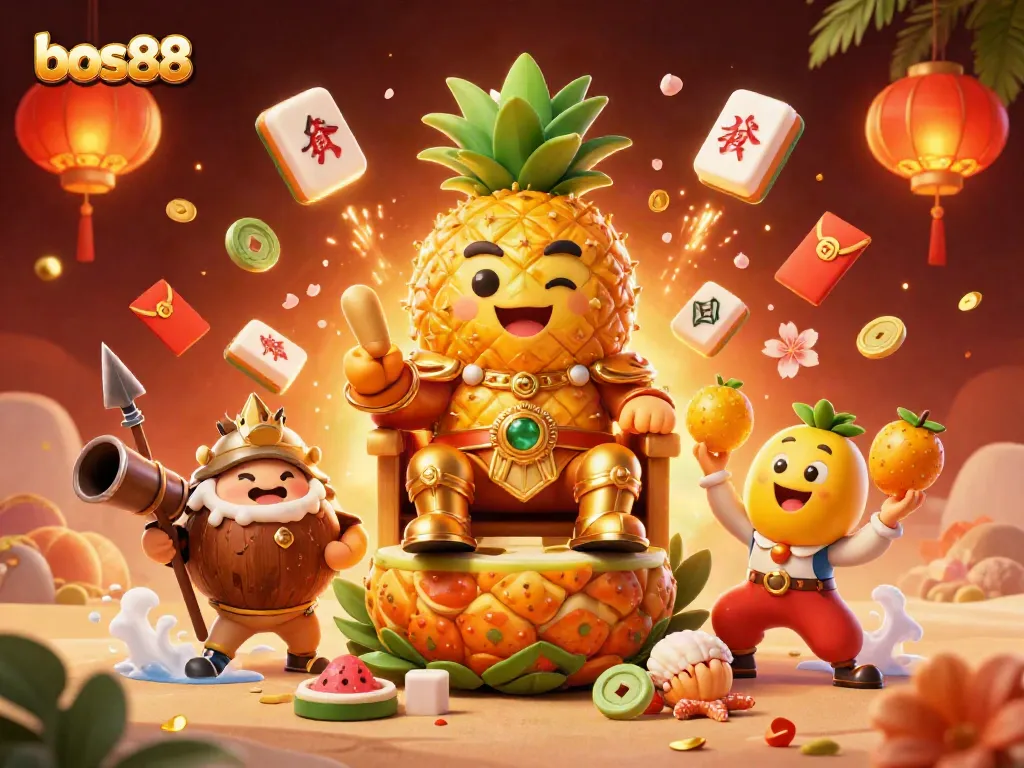 Experience vibrant gaming at bos88 with a lively golden pineapple king and whimsical characters in a tropical setting.