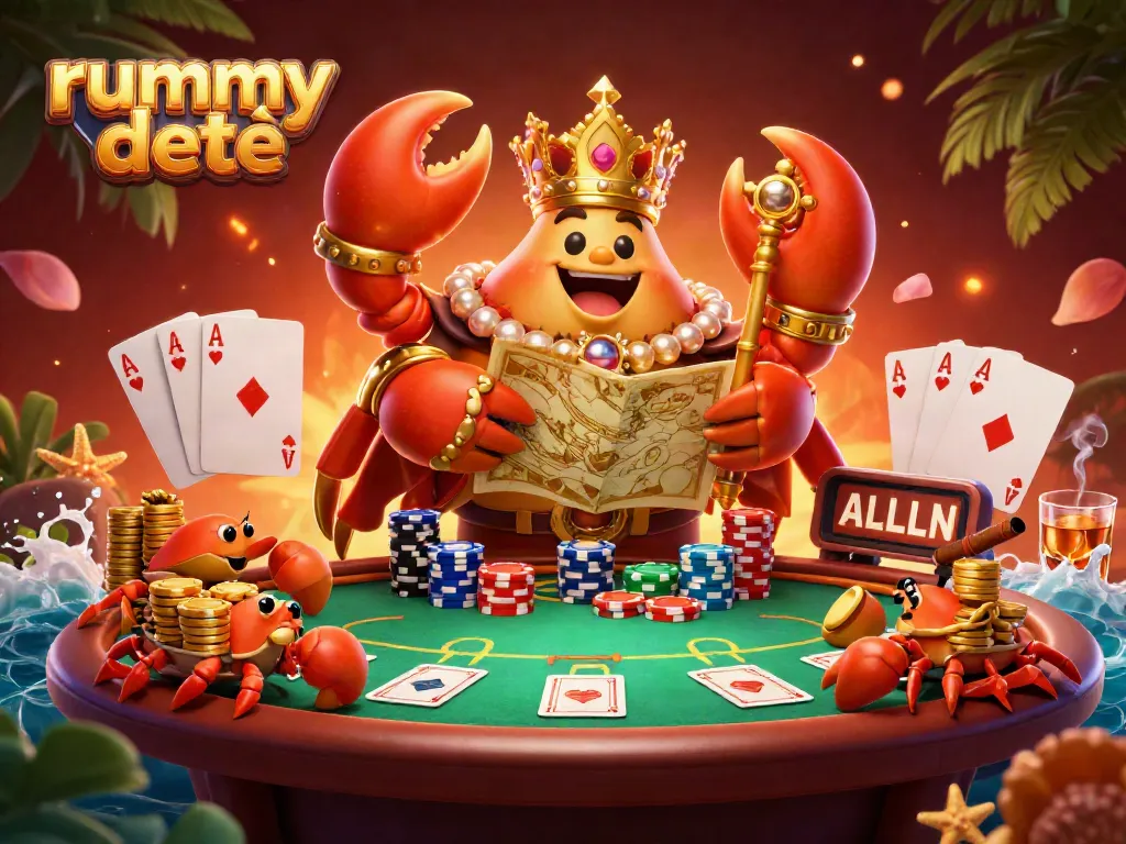 Gambaran animasi 3D raja udang emas dengan scepter dan peta harta, dikelilingi elemen permainan kartu rummy deity.