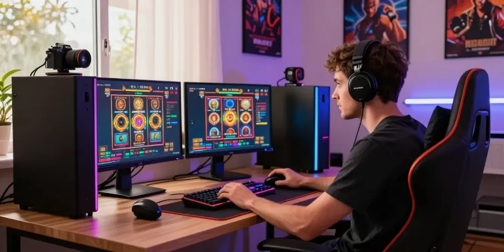 Engaging akunjp online gaming scene with vibrant LED lights and modern setup.