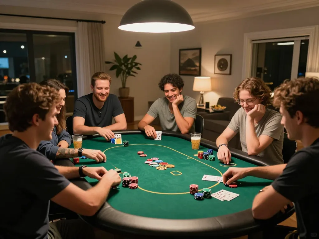 GO8 players enjoying a thrilling poker night with strategic gameplay and colorful chips