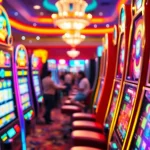 Permainan Slot Game menampilkan mesin slot berwarna-warni yang bersinar di kasino.