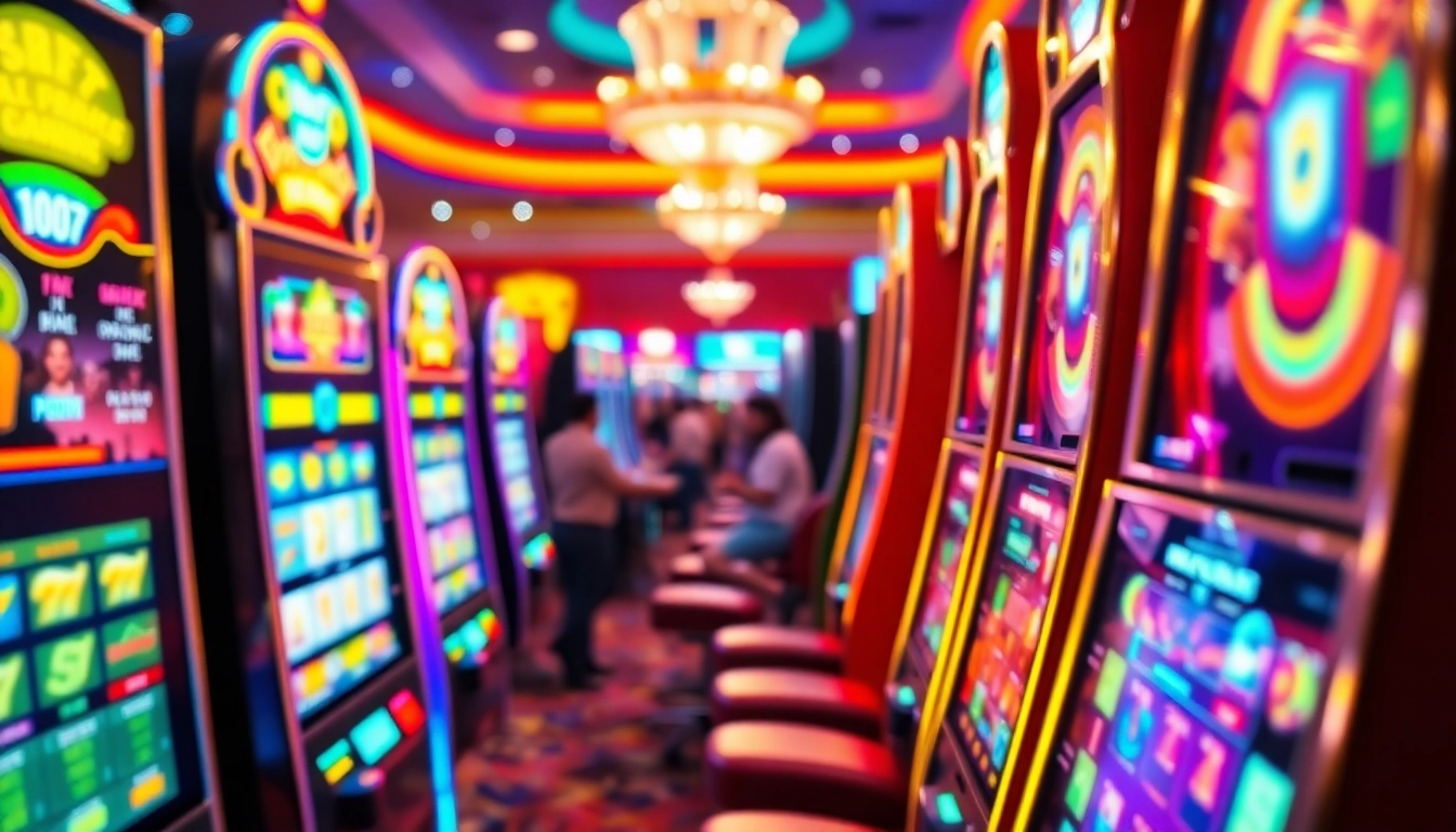 Permainan Slot Game menampilkan mesin slot berwarna-warni yang bersinar di kasino.