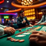 Engage in the exciting atmosphere of a Blackjack Casino with players at a tabletop.