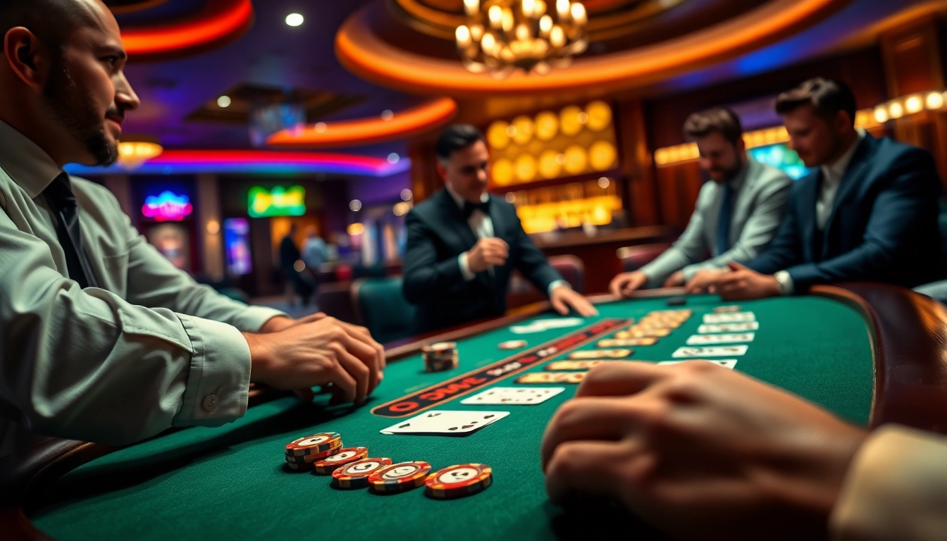 Engage in the exciting atmosphere of a Blackjack Casino with players at a tabletop.