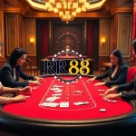 Engage with thrilling casino games at RR88, showcasing poker chips and luxury gaming tables.