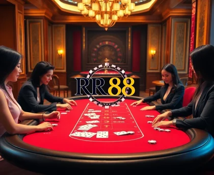 Engage with thrilling casino games at RR88, showcasing poker chips and luxury gaming tables.