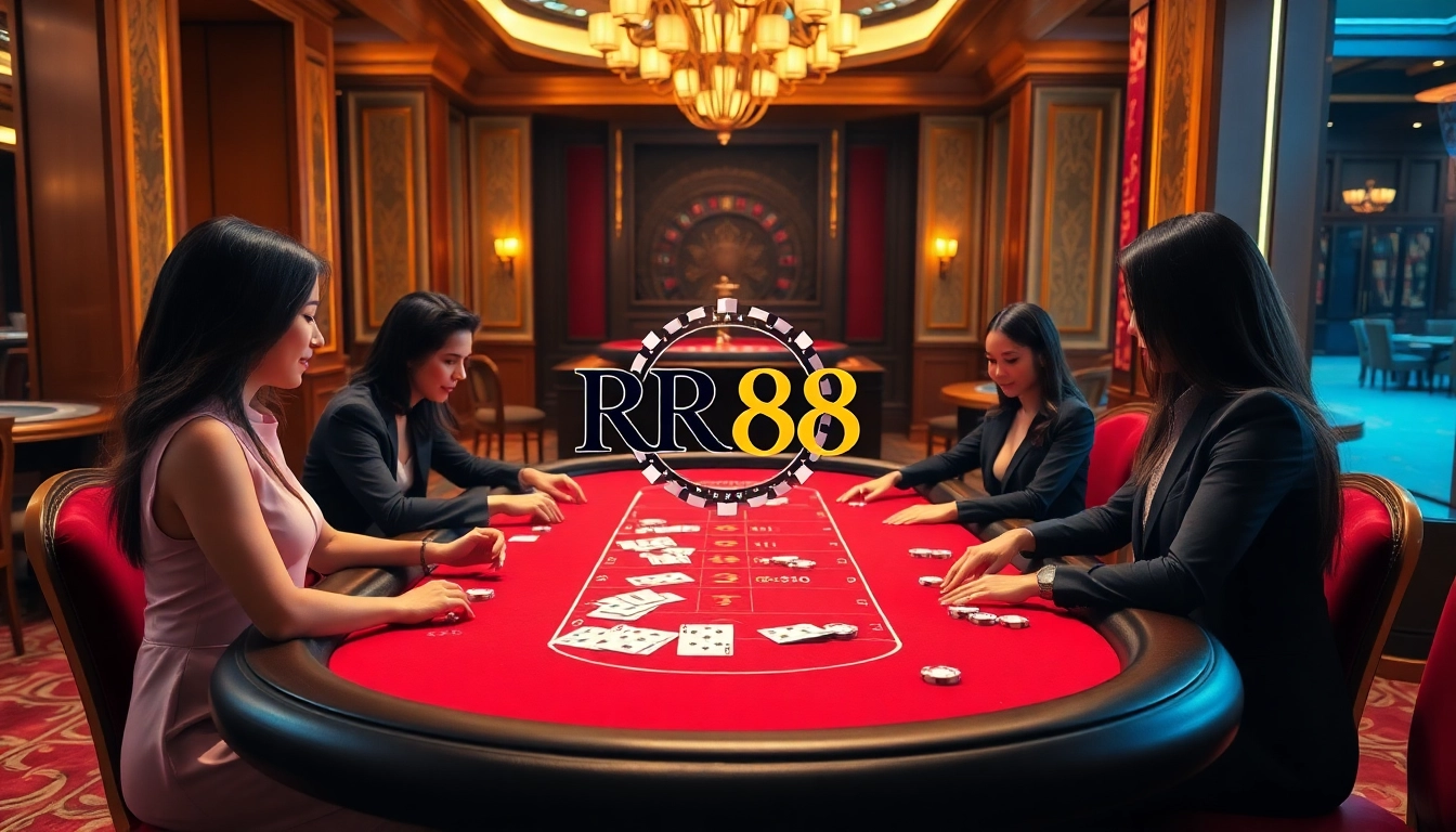 Engage with thrilling casino games at RR88, showcasing poker chips and luxury gaming tables.