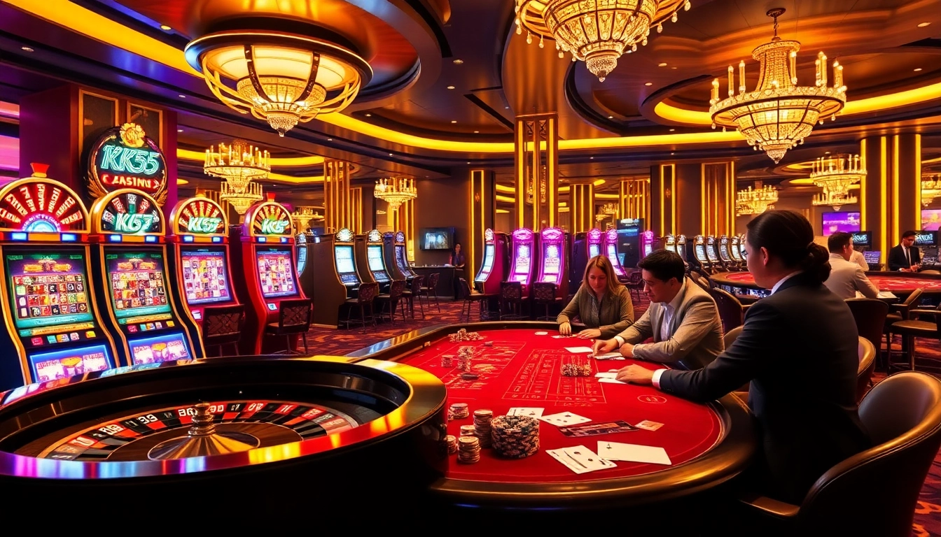 Players enjoying the thrilling experience at KK55 casino with exciting slot machines and a roulette wheel.